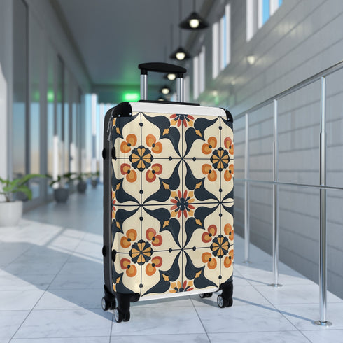 Artisan black ceramic tile print suitcase - sleek and elegant.