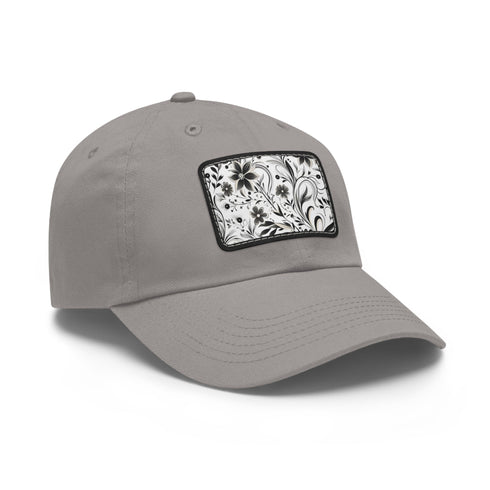 Monochrome baseball cap with repeating pattern design, white light brown patch.