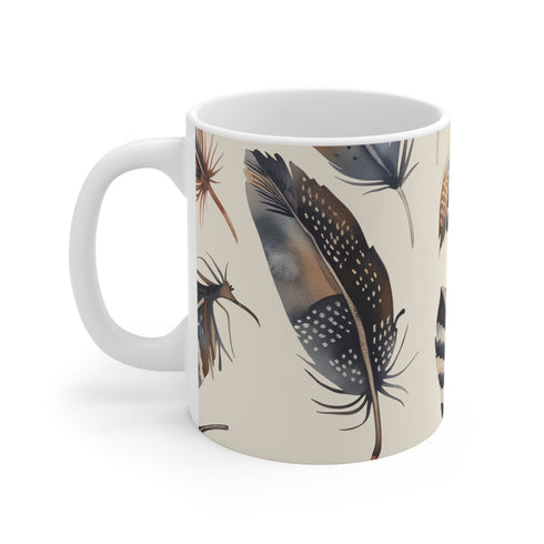 Boho feathers dream coffee mug with whimsical seamless pattern.