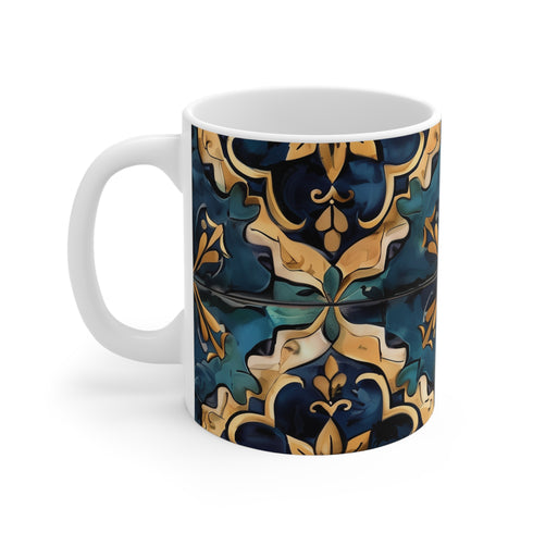 Handcrafted ceramic coffee mug with tile print design.
