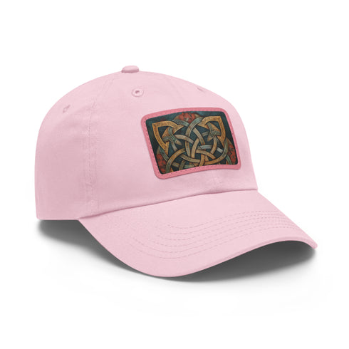 White Celtic knot baseball cap with light brown patch, rectangle shape.