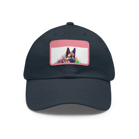 German Shepherd pup print cotton baseball cap in white with light brown patch.