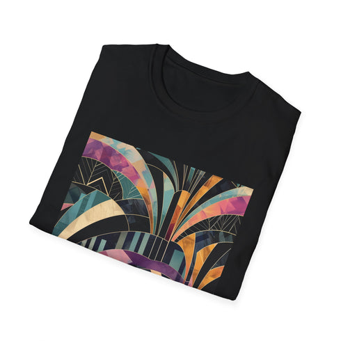 Charcoal cotton T-shirt with vibrant abstract art deco patterns