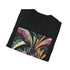 Charcoal cotton T-shirt with vibrant abstract art deco patterns