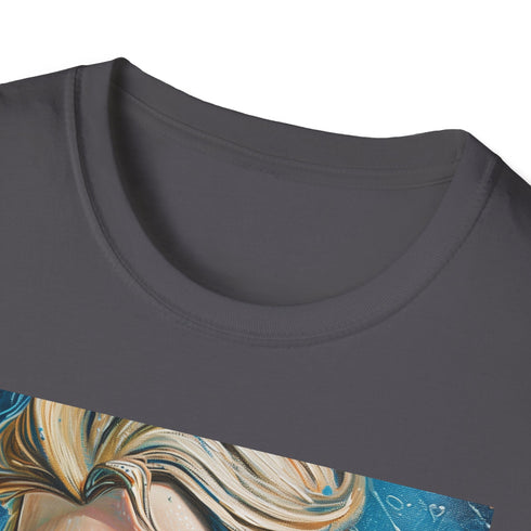 Charcoal cotton T-shirt with vibrant Elsa painting showcasing icy enchantment