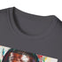 Soft charcoal cotton T-shirt featuring Kanye West's vibrant portrait in dynamic colors
