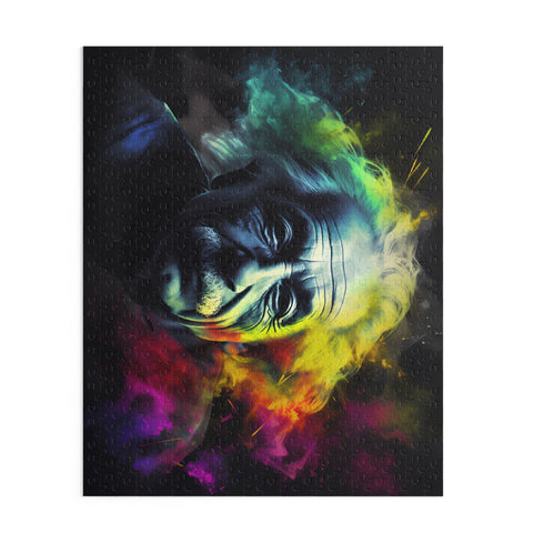 Neon Einstein portrait jigsaw puzzle, vibrant watercolor, 120 pieces.