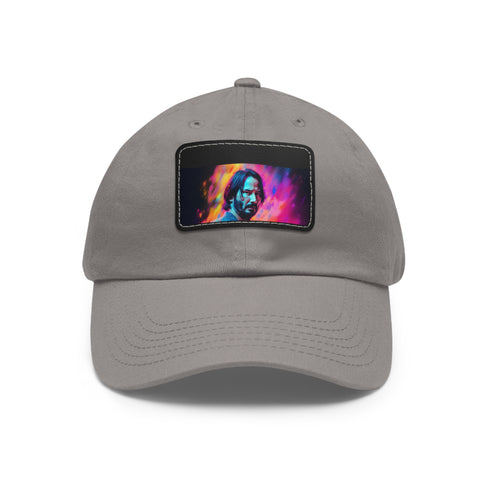 Neon watercolor Keanu Reeves baseball cap with white/light brown rectangle patch.