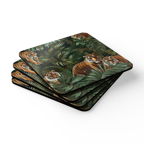 Square corkwood tiger coaster set for wild jungle-inspired protection.