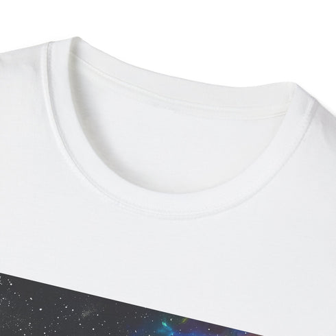 Charcoal cotton T-shirt with vibrant neon space galaxy pattern