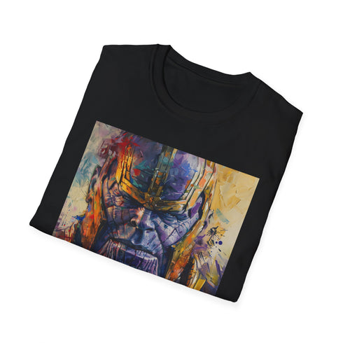 Charcoal crew neck cotton T-shirt featuring vibrant Thanos portrait with cosmic theme