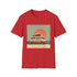 Retro charcoal T-shirt with sunset camper van graphic crew neck cotton fabric