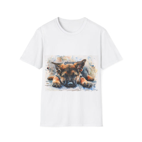 German Shepherd Puppy Tee in Charcoal, Size S, Vibrant Watercolor Painting.