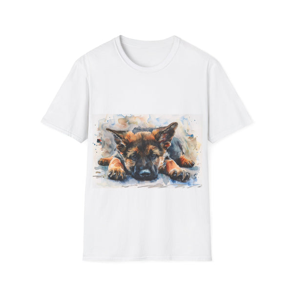 German Shepherd Puppy Tee in Charcoal, Size S, Vibrant Watercolor Painting.