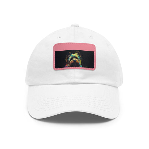 Adorable Yorkshire Terrier Embroidered Baseball Cap in White with Brown Patch