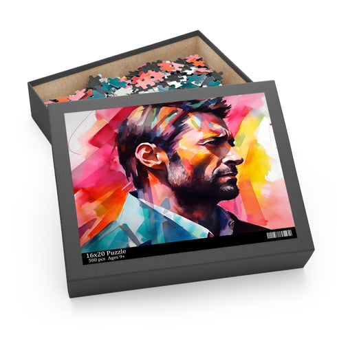 Hugh Jackman neon watercolor portrait jigsaw puzzle (120 pcs) for fans.