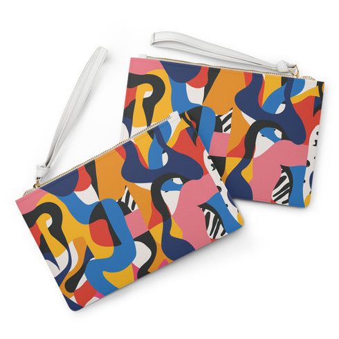 Bright colorful abstract clutch bag with modern seamless pattern design.