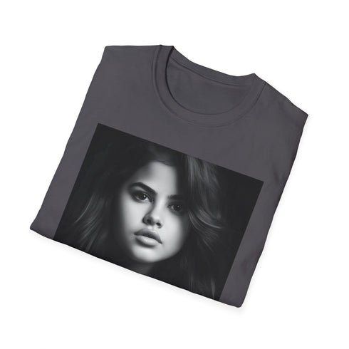 Charcoal cotton tee with Selena Gomez-inspired watercolor artwork.