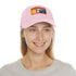 Neon colors Margot cap with light brown patch and rectangle shape.