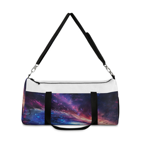 Neon galaxy duffel bag with space theme, small size option.