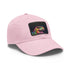 Neon dinosaur watercolor baseball hat in white with light brown patch.