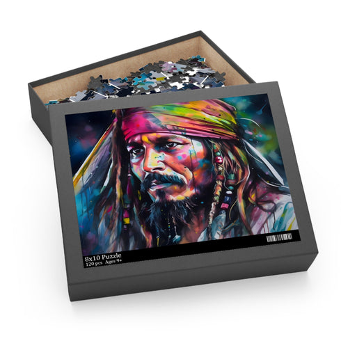 Vibrant neon Jack Sparrow puzzle with watercolor hues, perfect for pirate fans.