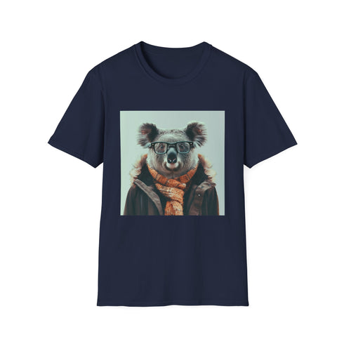 Charcoal cotton t-shirt with hipster koala sipping tea atop books