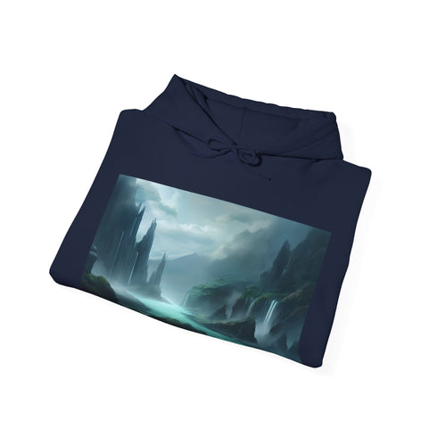 Navy Regular Fit Unisex Hoodie with Fantasy Mountain Landscape Print