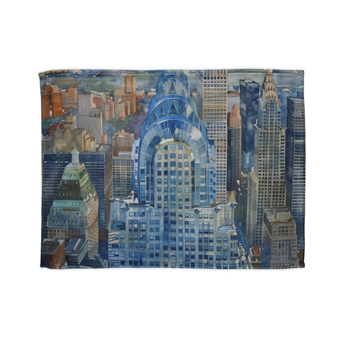 Chrysler Building watercolor blanket, honoring iconic NYC landmark in sublimated design.