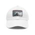 White cotton snapback hat with light brown rectangular patch design.