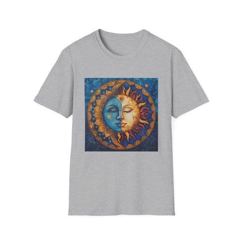 Charcoal cotton T-shirt with intricate sun and moon mandala design