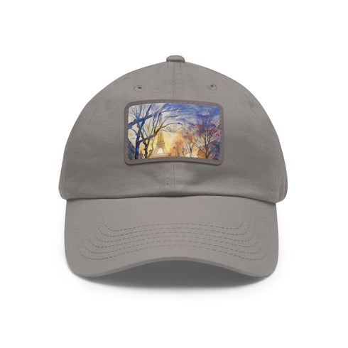 Eiffel Tower watercolor baseball cap, white with light brown patch.