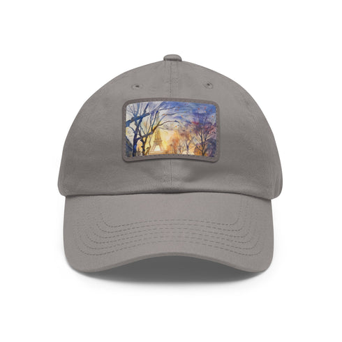 Eiffel Tower watercolor baseball cap with light brown patch.