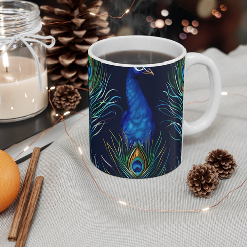Vibrant blue peacock feather ceramic coffee mug for elegant mornings.
