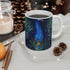 Vibrant blue peacock feather ceramic coffee mug for elegant mornings.