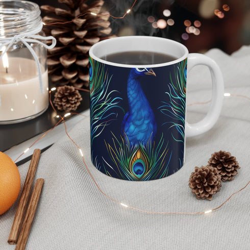 Colorful ceramic peacock feather mug for coffee lovers.