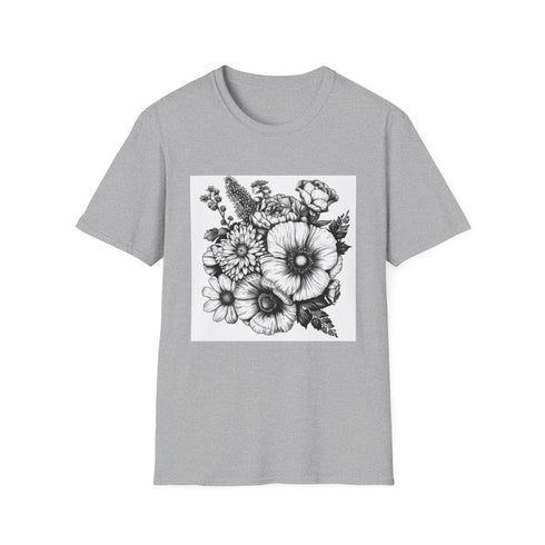 Hand-drawn charcoal floral t-shirt with vibrant botanical design on cotton fabric