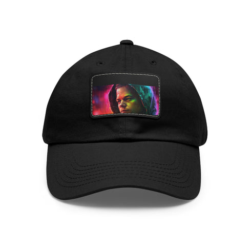 Neon watercolor dreams cap with light brown rectangle patch. Unisex cotton hat.