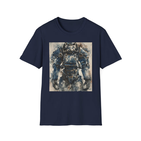Charcoal cotton t-shirt with watercolor Power Armor illustration evokes resilience