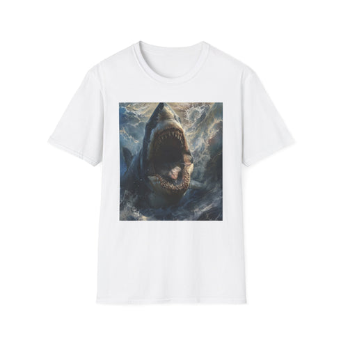Charcoal cotton t-shirt with vivid Megalodon painting crew neck summer style
