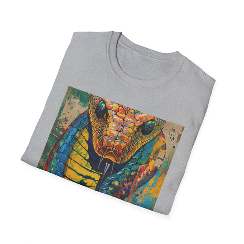 Majestic cobra on charcoal cotton t-shirt with vibrant blue and green details