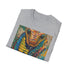 Majestic cobra on charcoal cotton t-shirt with vibrant blue and green details