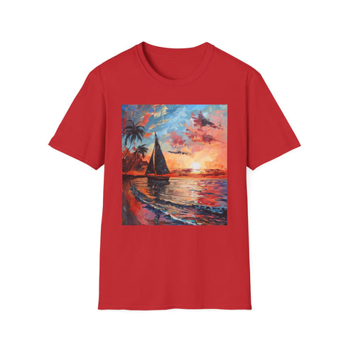 Charcoal cotton T-shirt with vibrant Boracay sunset and palm tree design