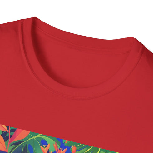 Charcoal crew neck t-shirt featuring vibrant tropical parrot in lush paradise