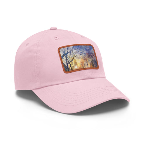 Eiffel Tower watercolor baseball cap with light brown rectangle patch.