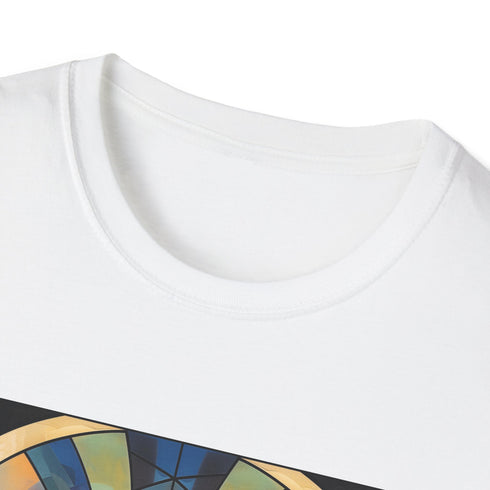 Charcoal t-shirt with vibrant geometric art deco patterns in soft breathable cotton