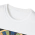 Charcoal t-shirt with vibrant geometric art deco patterns in soft breathable cotton