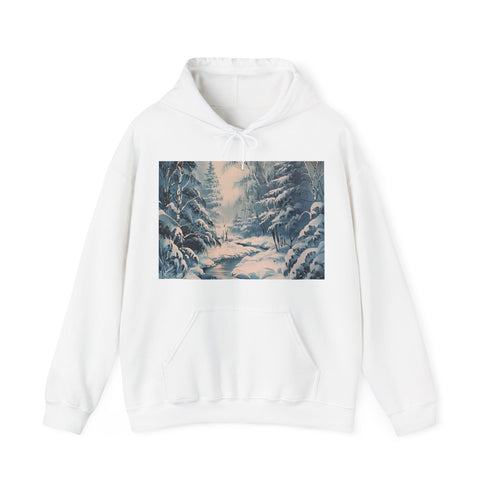 Winter Serene Hoodie in Navy, size S, snow-covered winter landscape illustration.