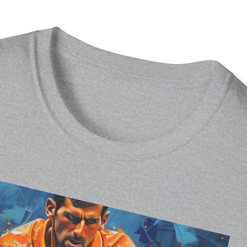 Charcoal cotton crew neck T-shirt featuring vibrant Djokovic portrait design