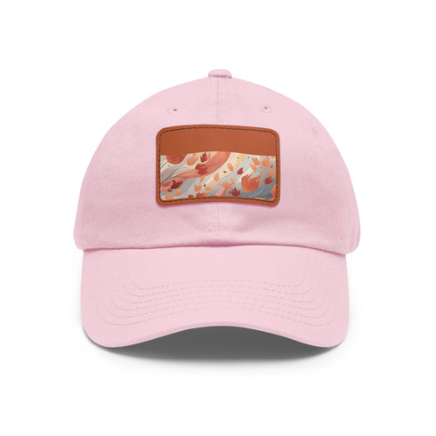 Autumn foliage patterned hat with white/light brown patch.